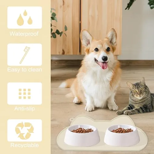 Bikabpet Dog Food Mat for Floors Waterproof,Thicker Cat Food Mat Non-Slip,Dog Bowl Mats for Food and Water,Pet Feeding Mat Silicone,Raised Edges to Prevent Tray for Dog Bowls(Beige)
