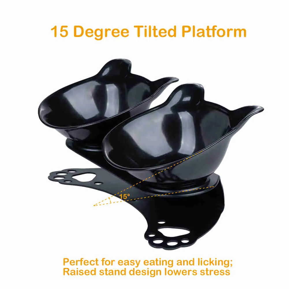 Tilted 15° Plastic Double Cat Feeding Bowls with Stand (Black)